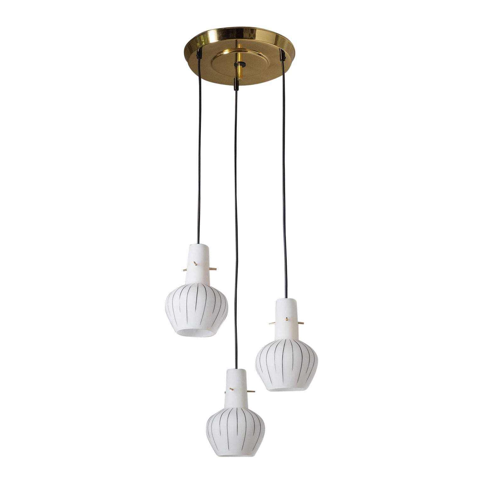 Italian Suspension Chandelier, circa 1960, Enameled Glass and Brass For Sale