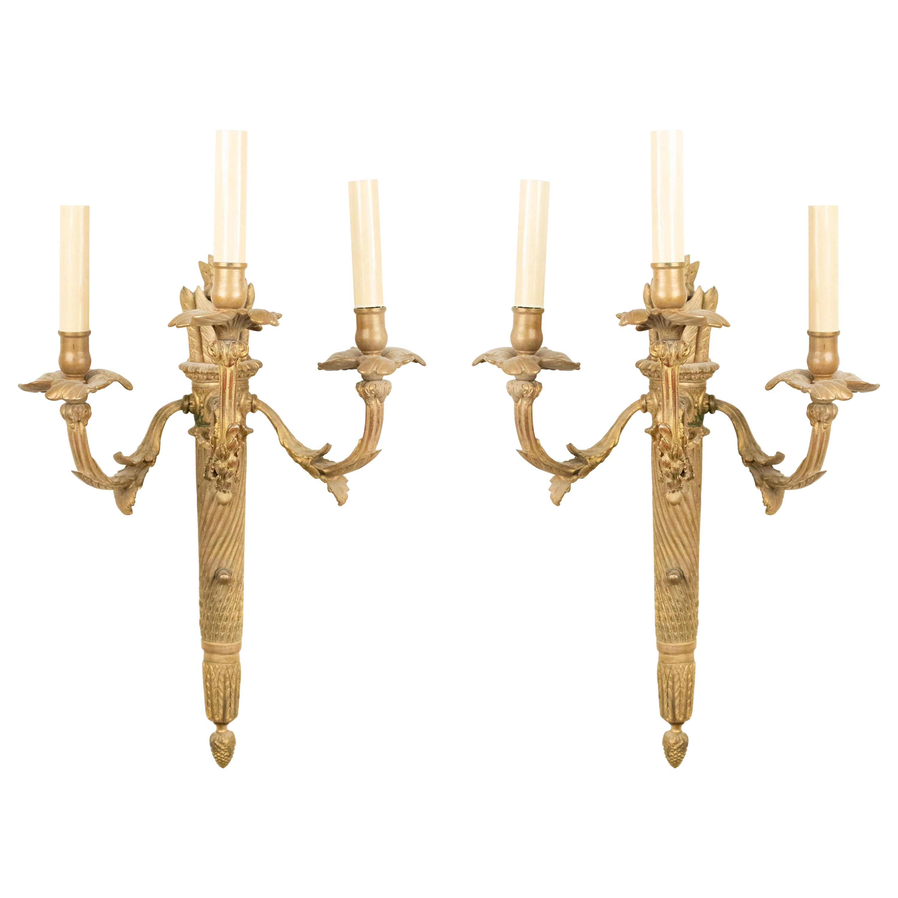 Pair of French Louis XVI Style Bronze Dore Torch Wall Sconces For Sale