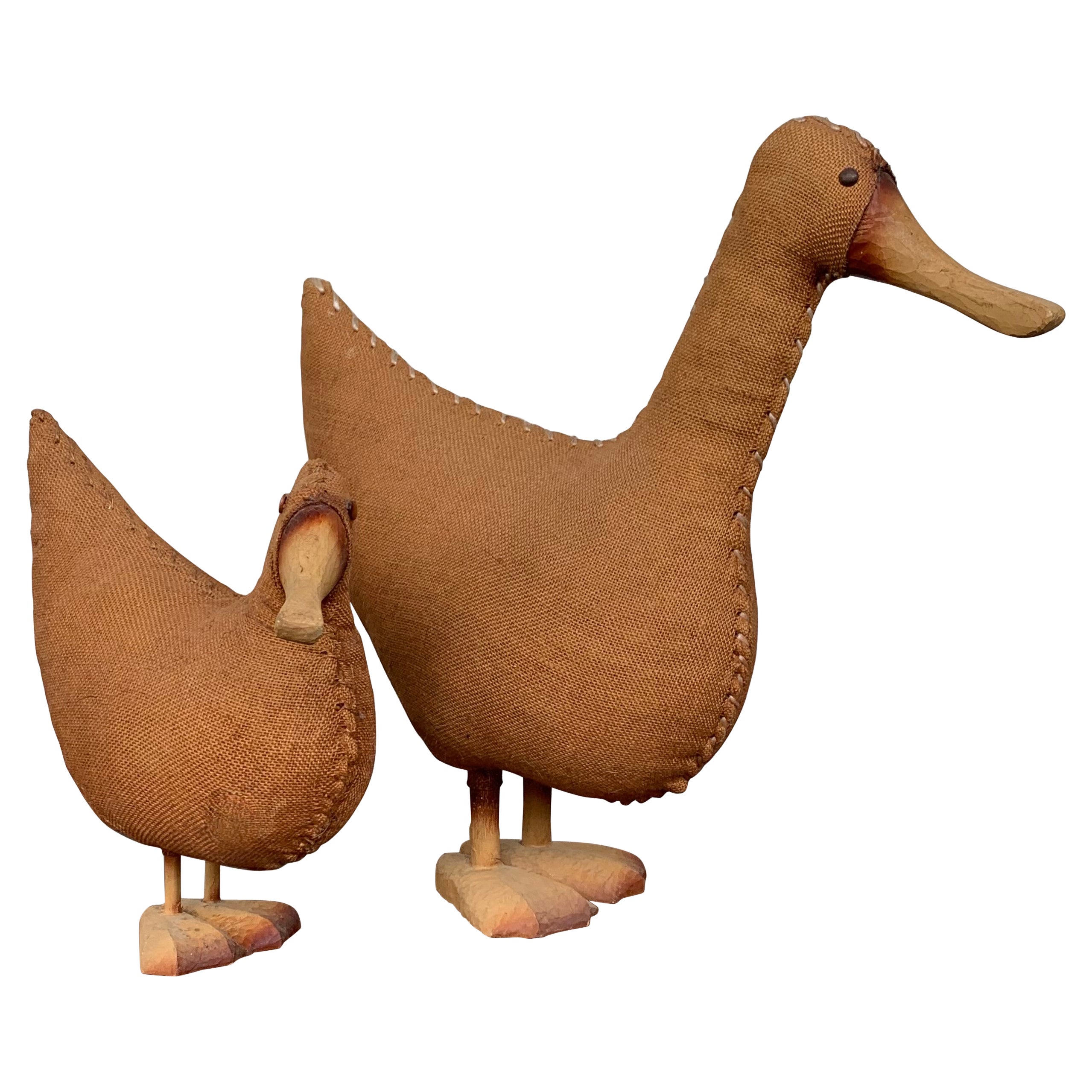 Midcentury Pair of Wicker Woven Ducks with Wood Details For Sale