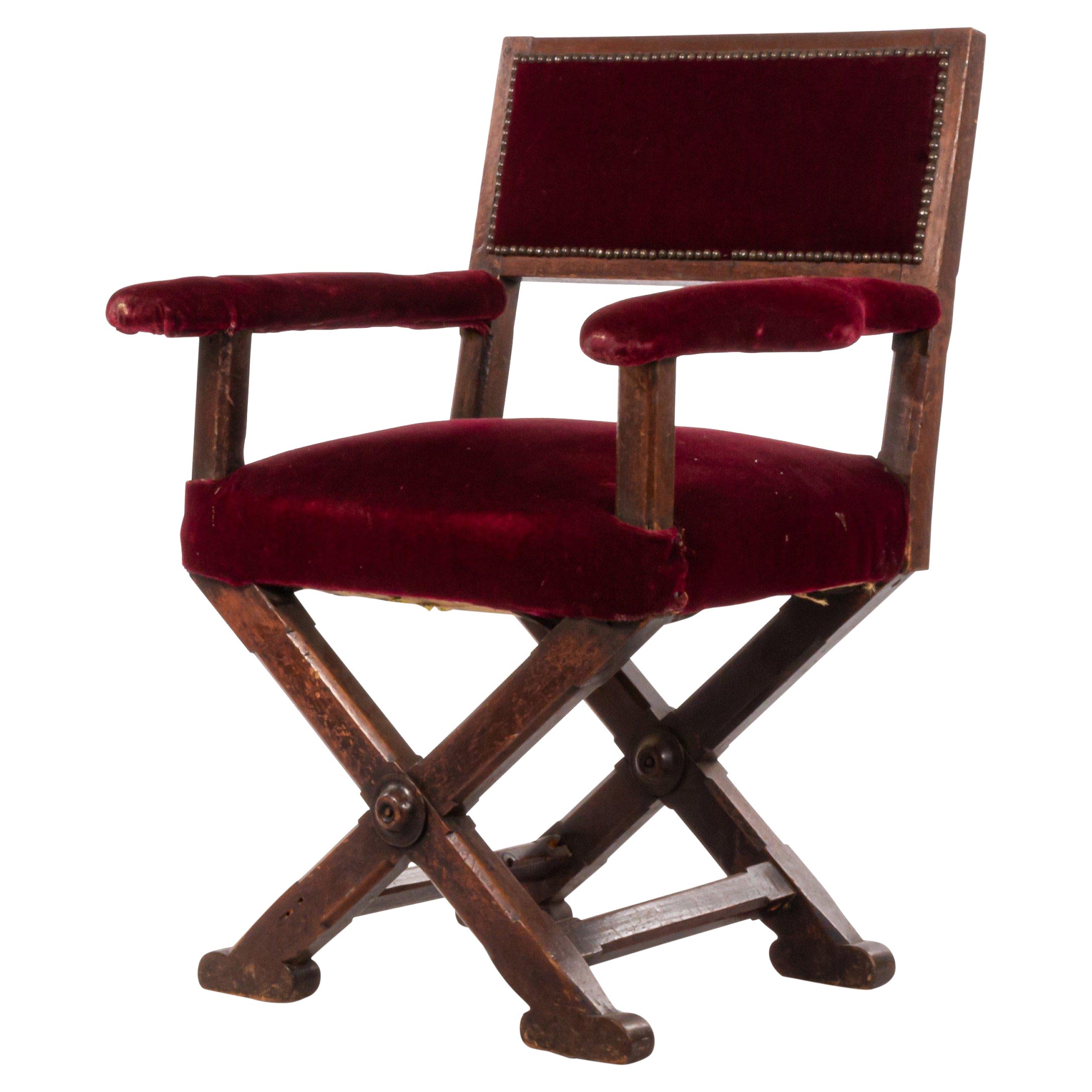 Italian Renaissance Cross Leg Walnut and Red Velvet Armchair