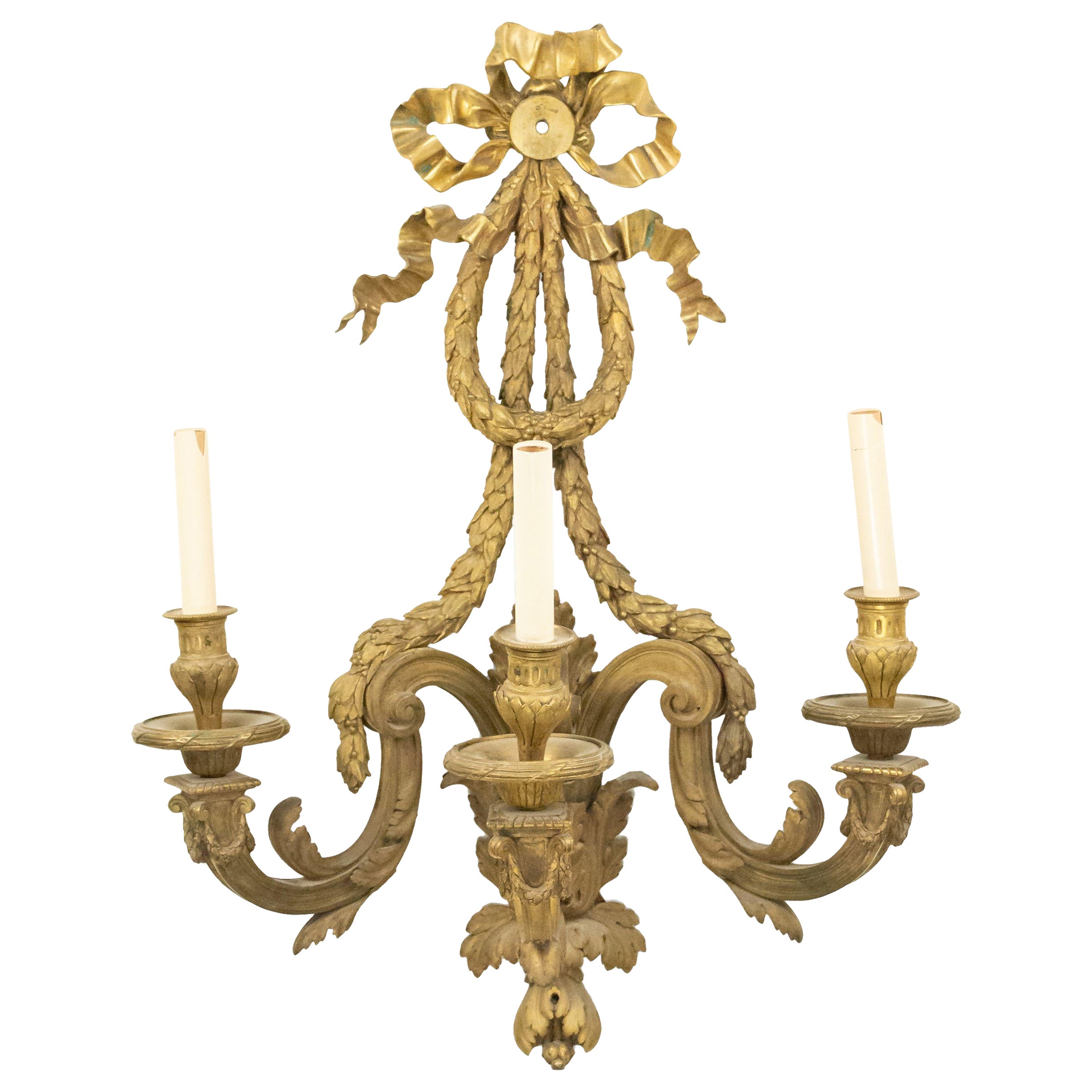 French Louis XVI Bronze Dore Bow Knot Wall Sconce