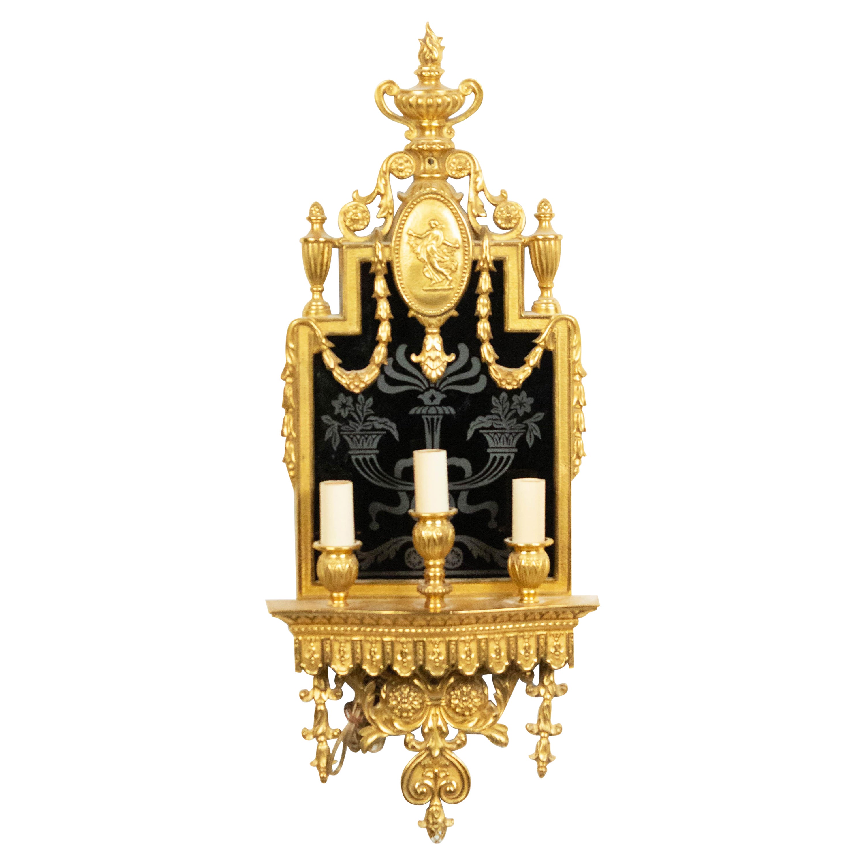 English Adam Style Bronze Dore and Black Glass Wall Sconce For Sale