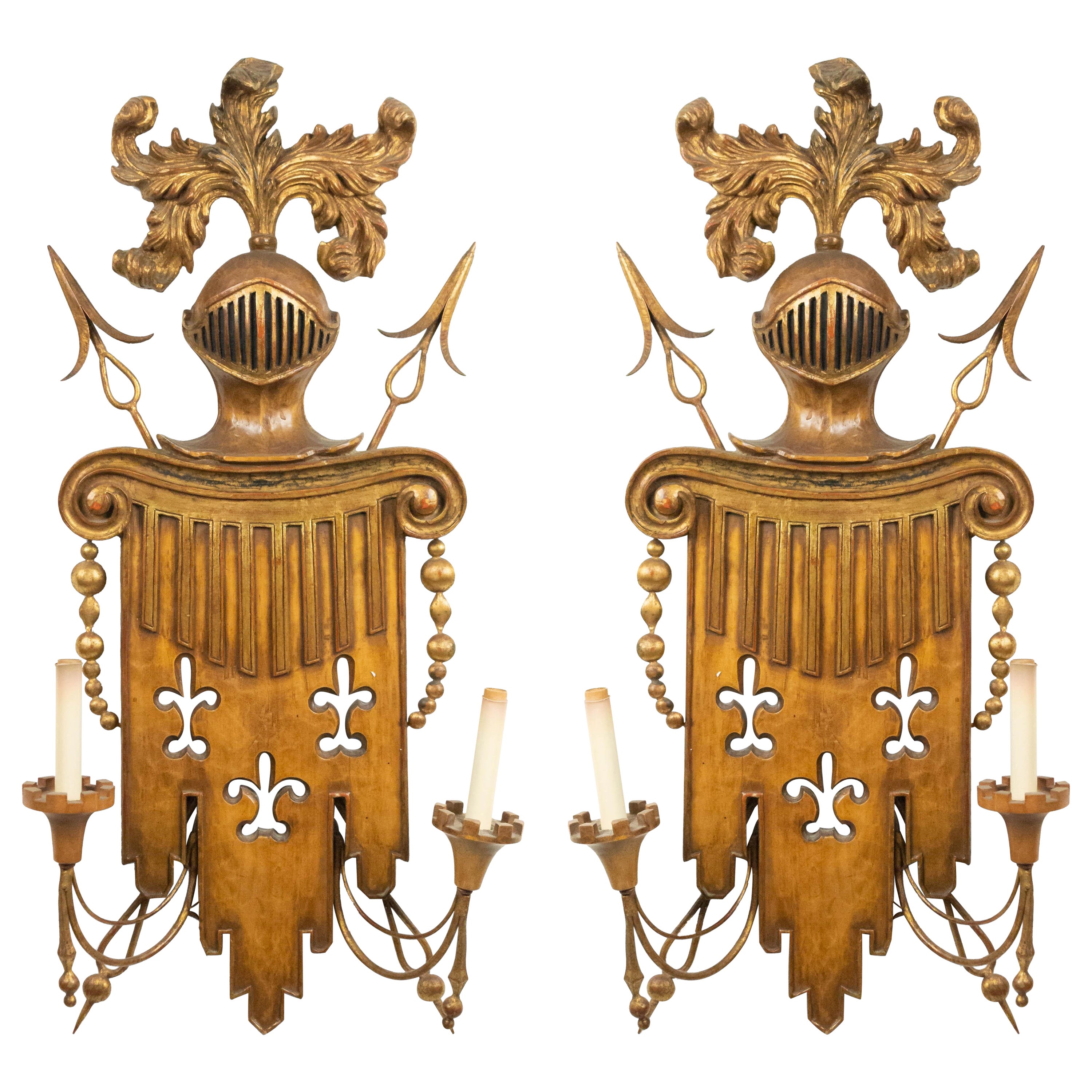 Pair of English Renaissance Style Gilt Metal and Fruitwood Wall Sconces