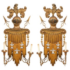 Pair of English Renaissance Style Gilt Metal and Fruitwood Wall Sconces