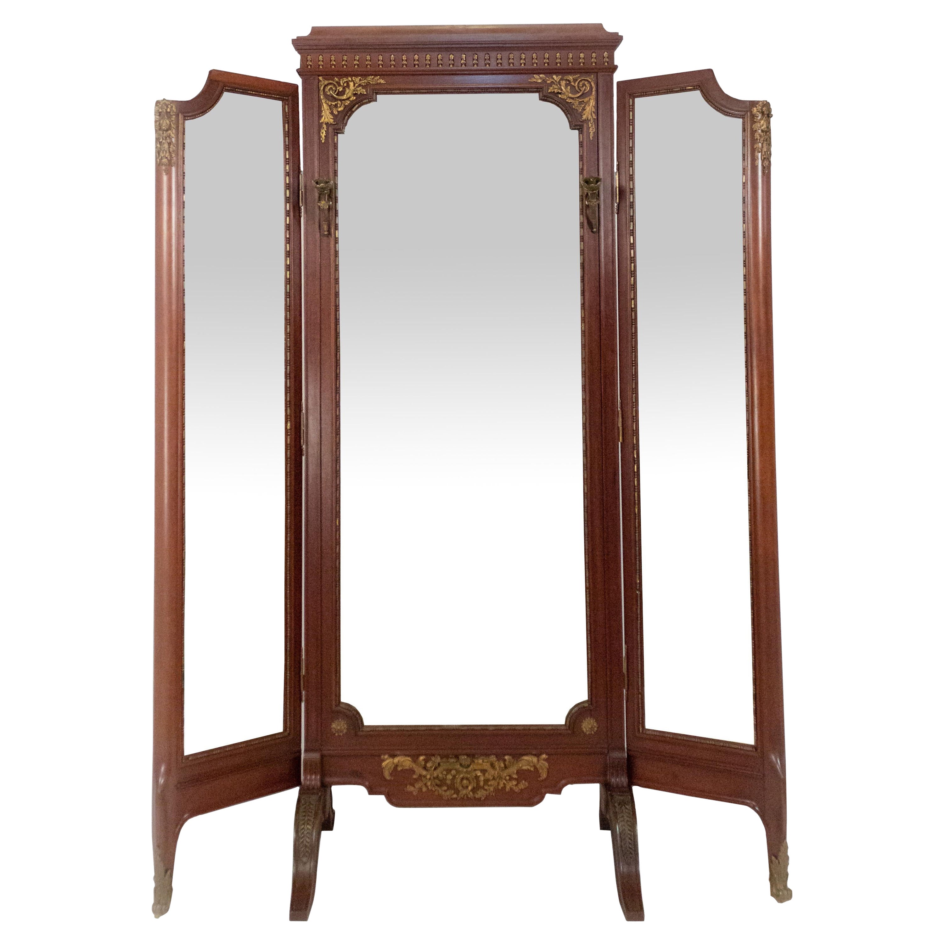 Louis XVI Style Gilt Bronze and Mahogany Cheval Mirror For Sale