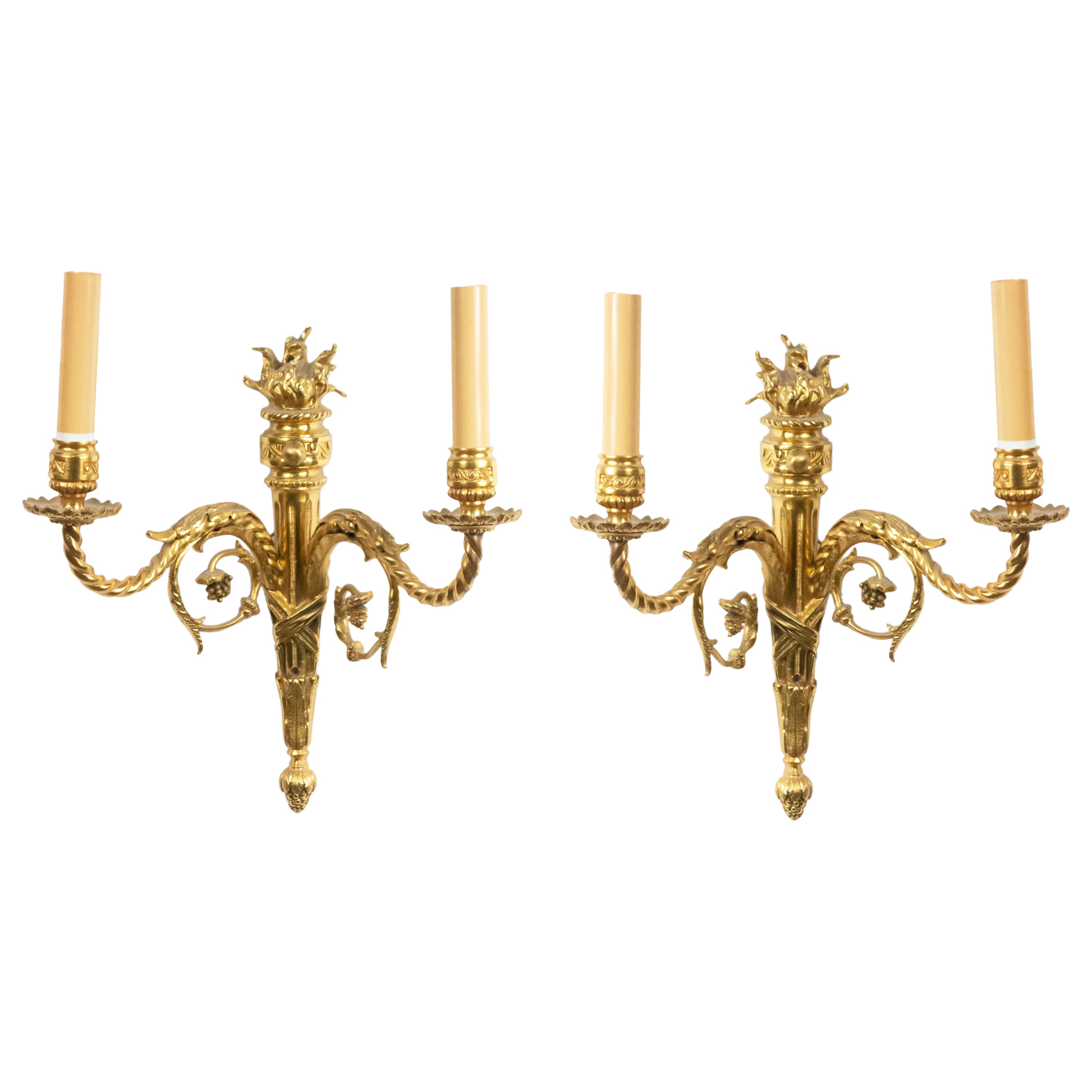 Pair of French Louis XVI Style Bronze Dore Wall Sconces For Sale