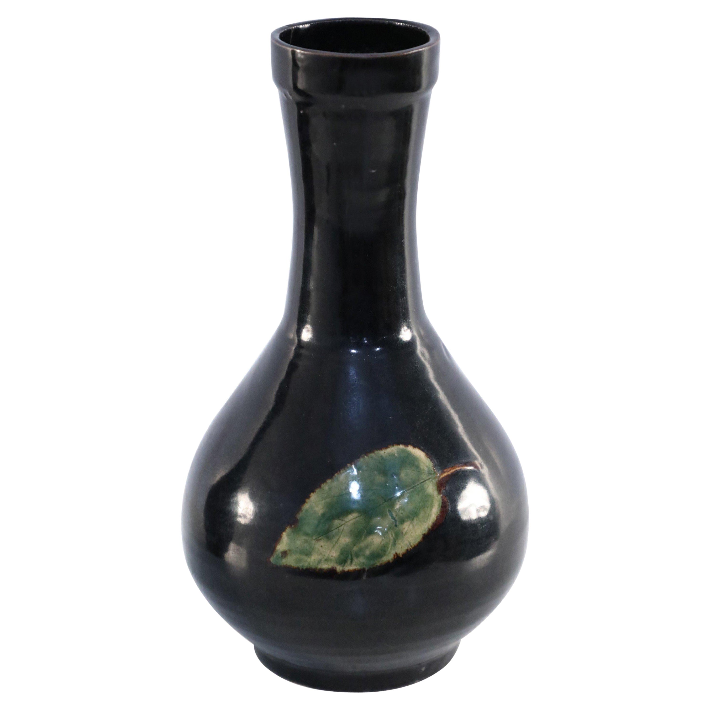 Chinese Black and Green Leaf Glazed Porcelain Globular Vase For Sale