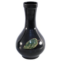 Antique Chinese Black and Green Leaf Glazed Porcelain Globular Vase