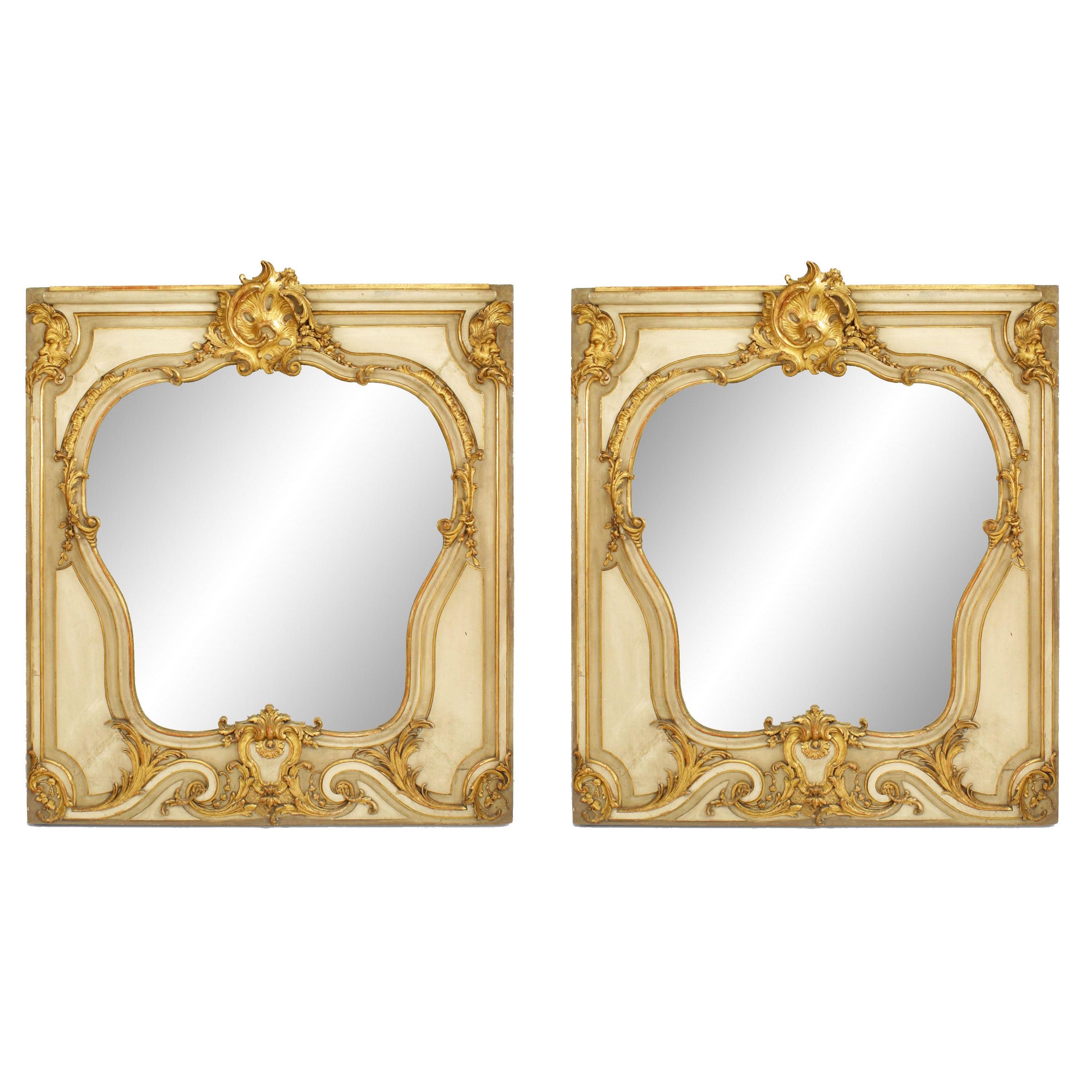 Pair of French Louis XV Style Gilt and Beige Painted Wall Mirrors For Sale