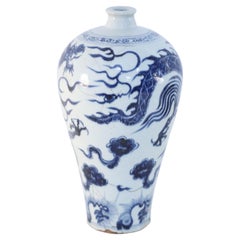 Chinese White and Blue Dragon Design Porcelain Meiping Vase