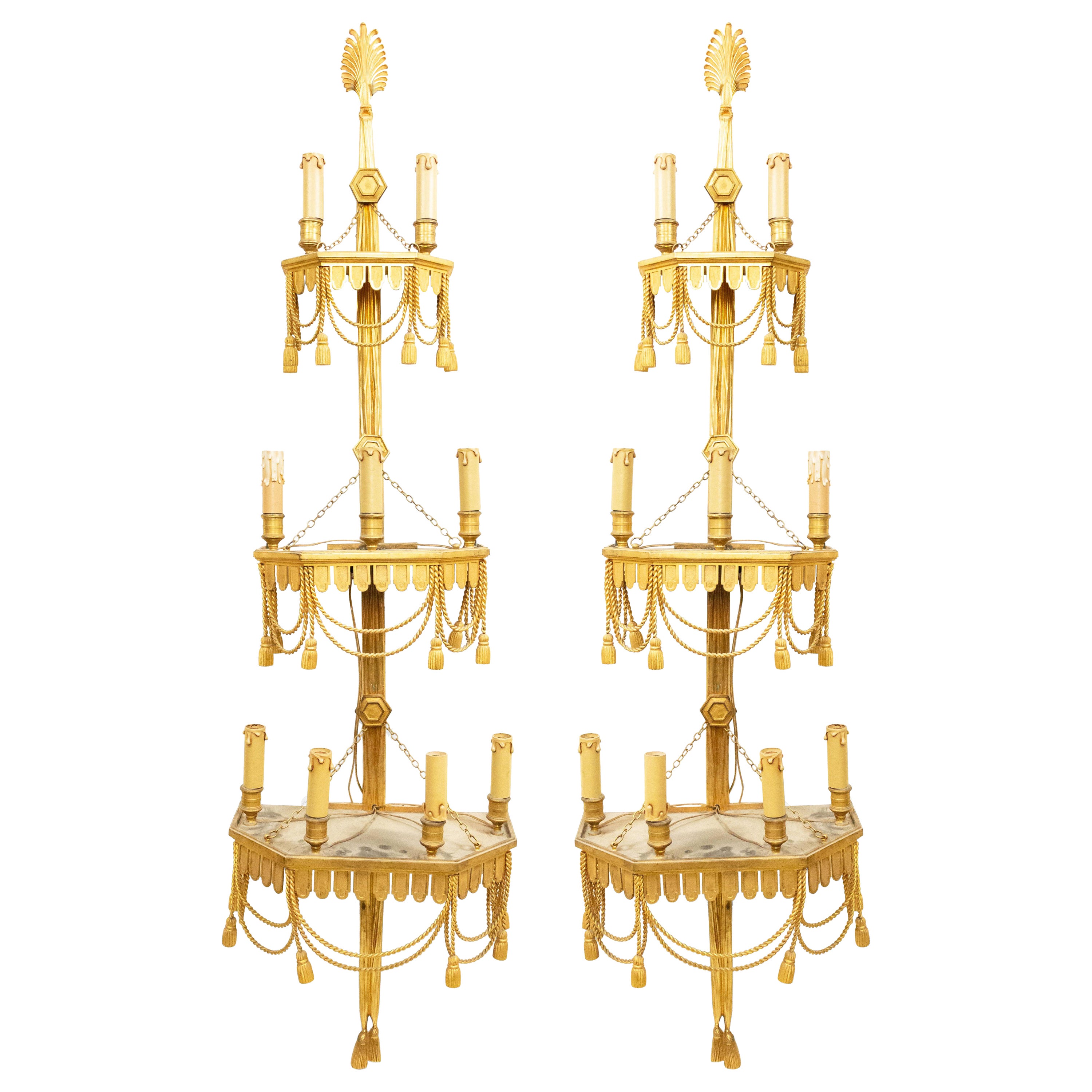 Pair of French Victorian Style Bronze Dore 3-Tier Wall Sconces For Sale