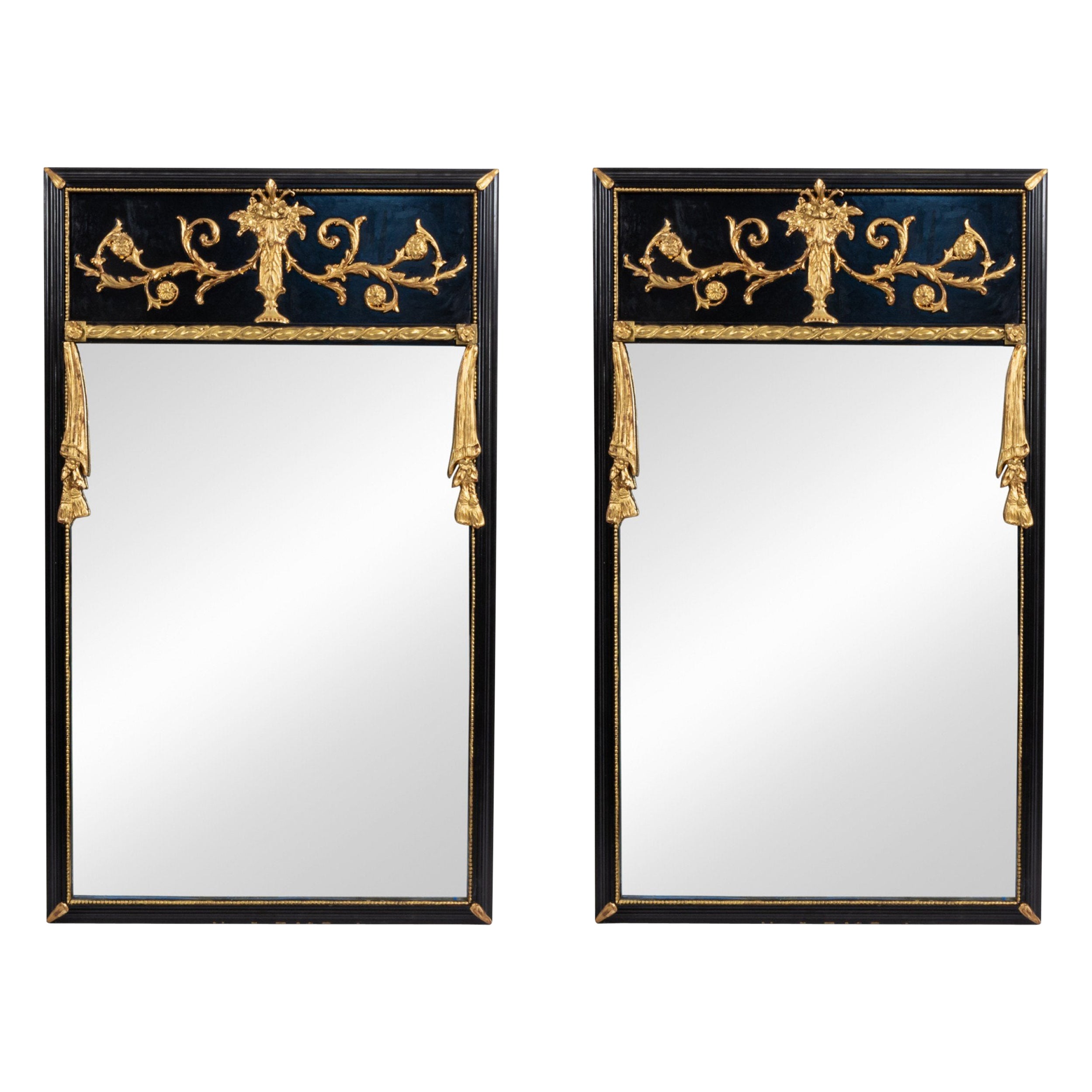 Pair of Italian Neoclassic Style Black Lacquered Vertical Wall Mirrors For Sale