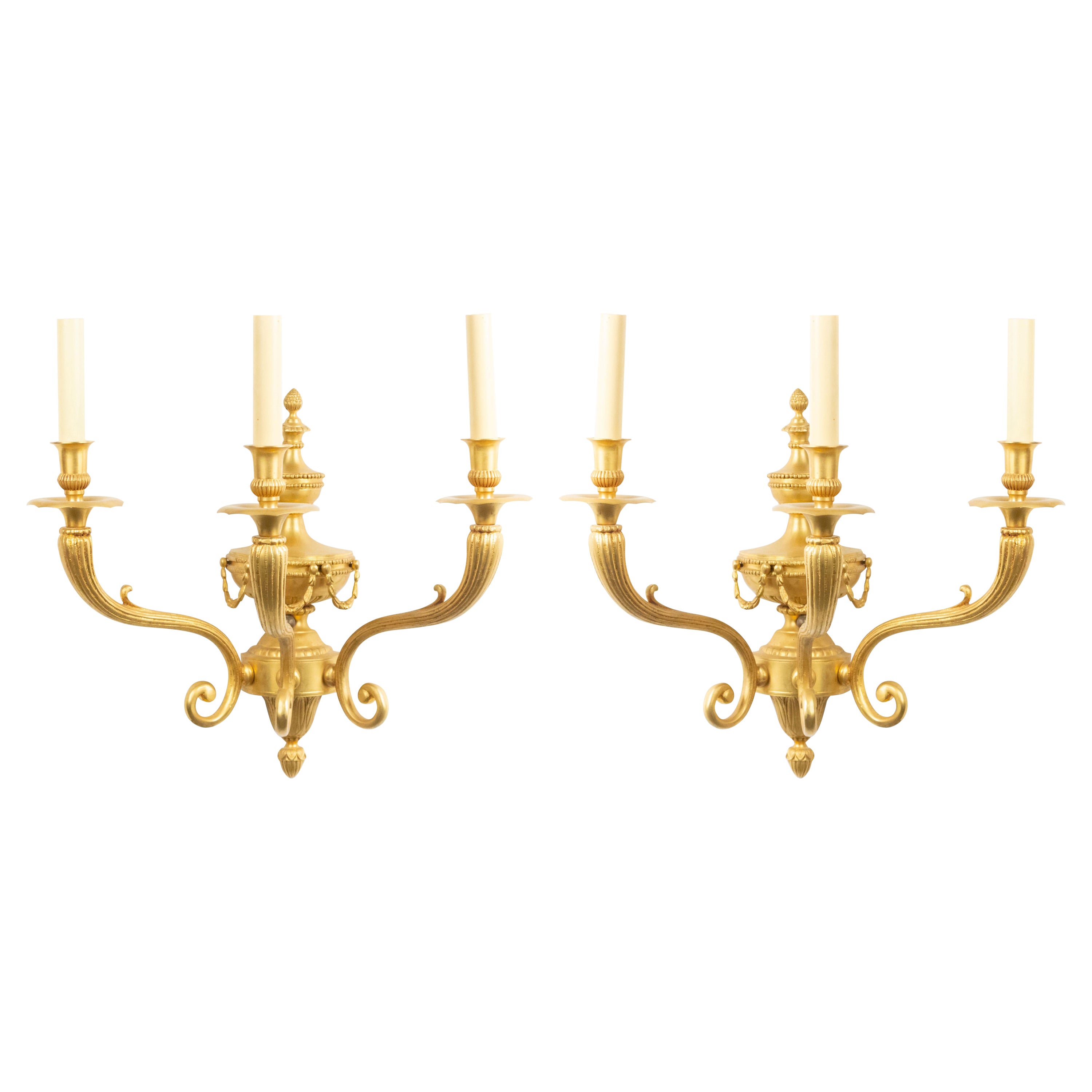 Pair of English Adam Style Bronze Dore Festoon Wall Sconces