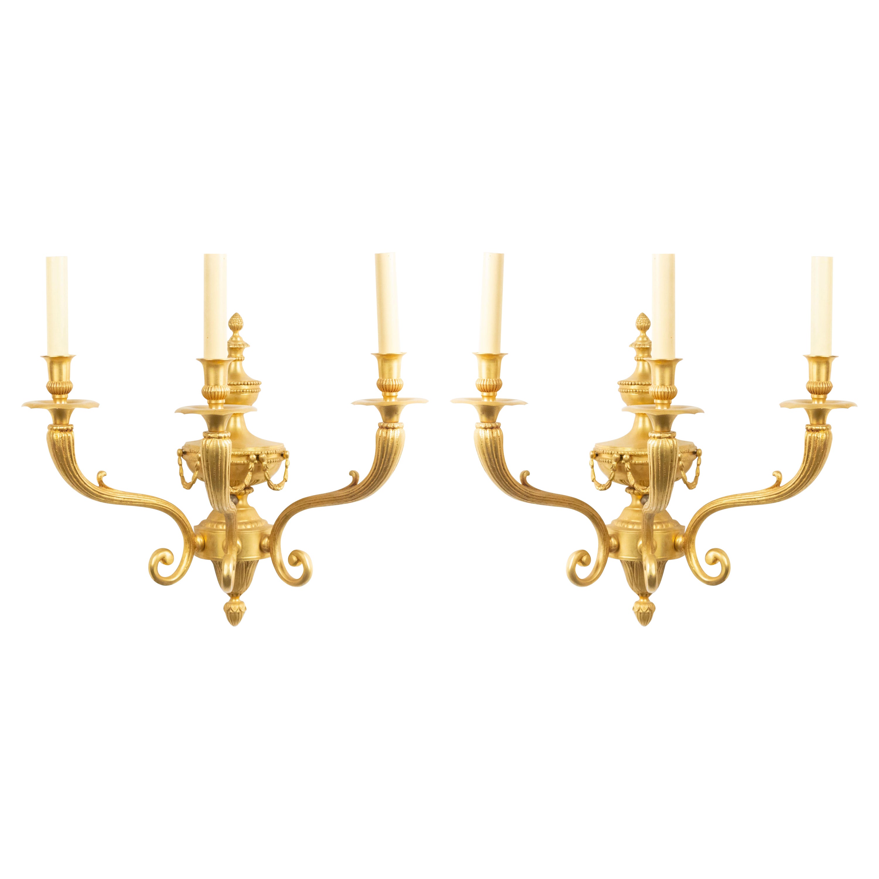 Pair of English Adam Style Bronze Dore Festoon Wall Sconces For Sale