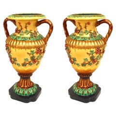 Antique Pair of Italian NeoClassic Style Majolica Porcelain Floor Vases