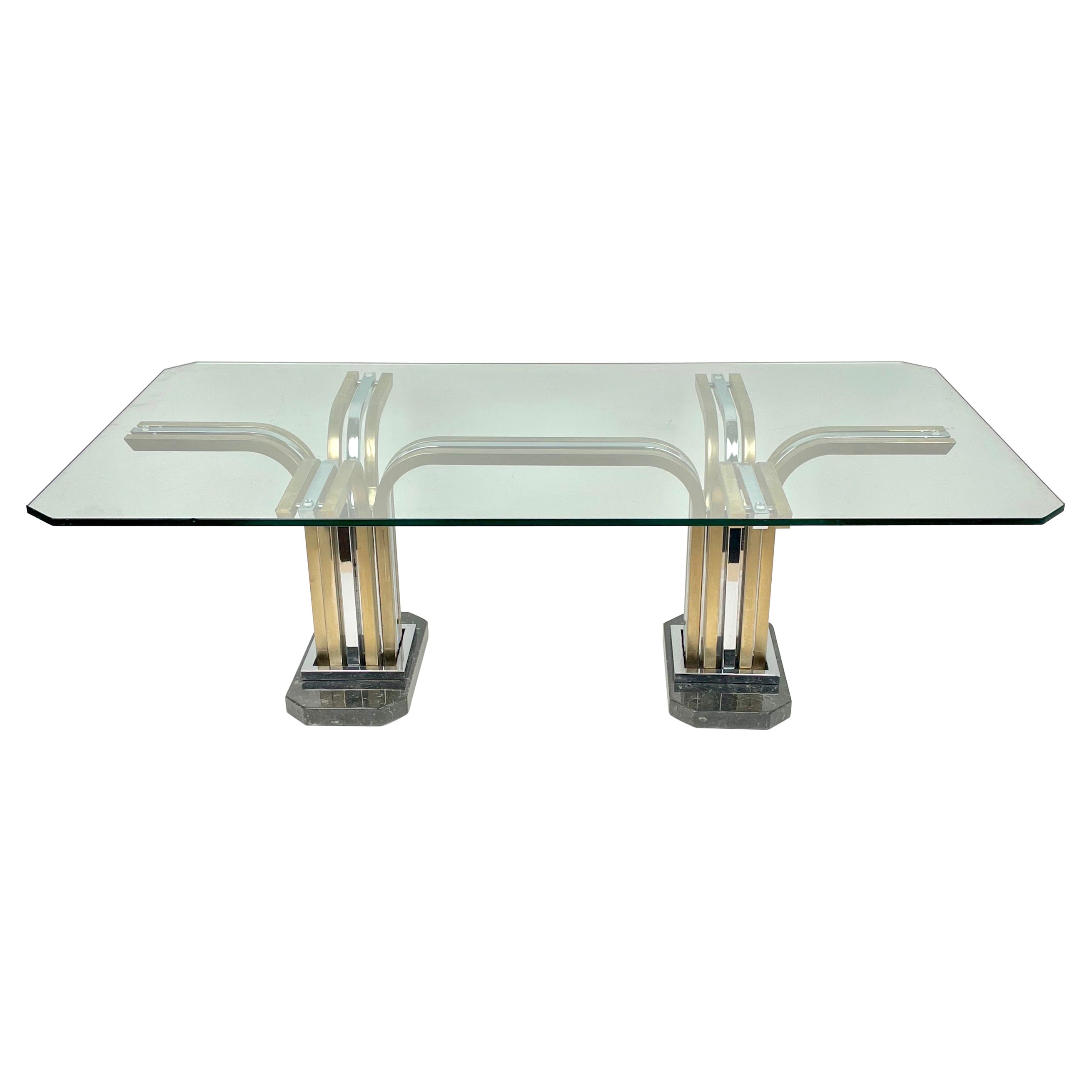 Coffee Table Chrome Brass Marble & Glass Romeo Rega Style, Italy, 1970s For Sale