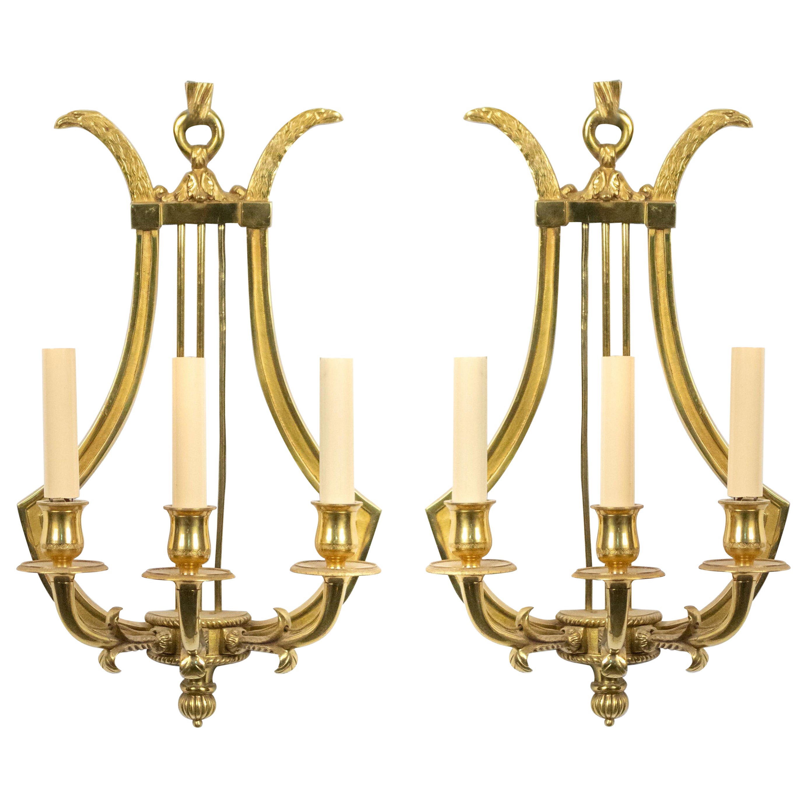 Pair of French Directoire Style Brass Lyre Wall Sconces For Sale