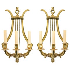 Pair of French Directoire Style Brass Lyre Wall Sconces