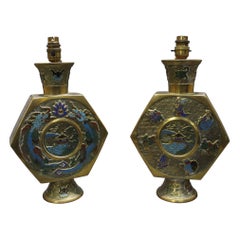 Pair of 19th C. Japanese Enamelled Brass Moonflask Table Lamps