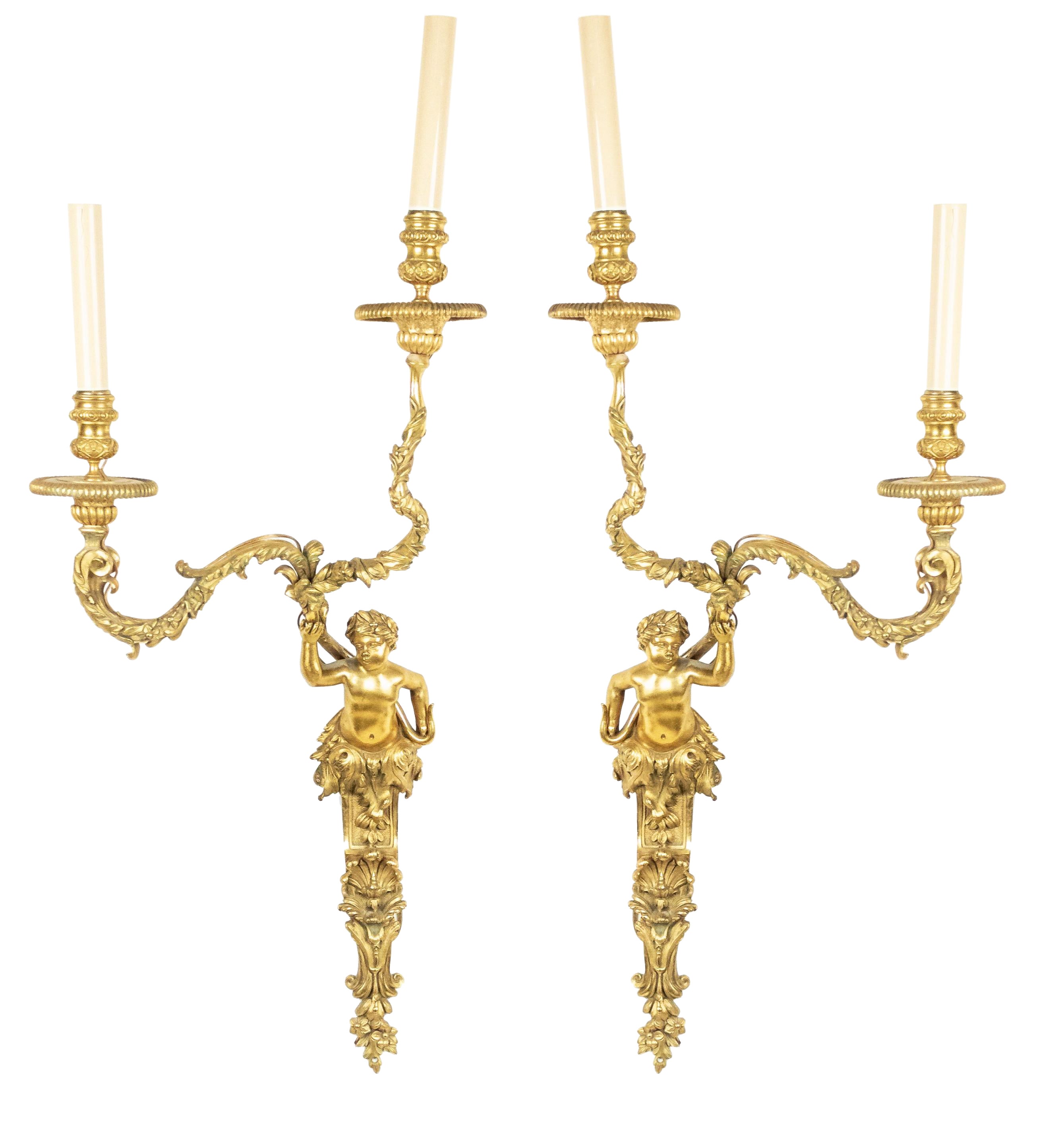 Pair of French Louis XV Style Bronze Dore Cherub Wall Sconces For Sale