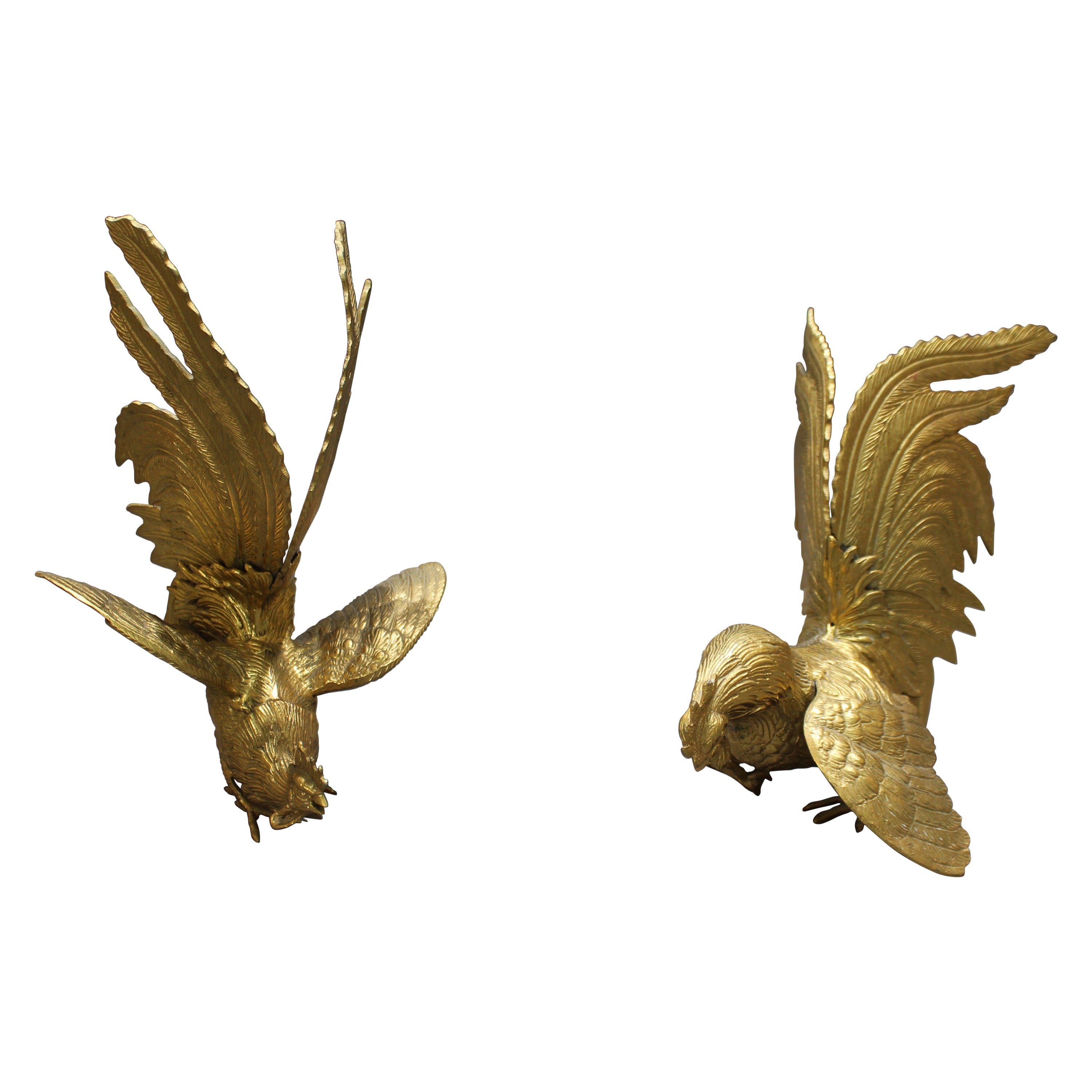Pair of Gilt Metal Fighting Cock Sculptures For Sale