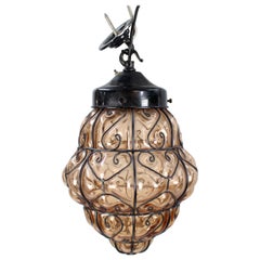 Mid 20th C. Handblown Seguso Murano Amber Glass Caged Pendant Light