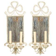 French Victorian Style Tole and Mirror Bow Knot Wall Sconces