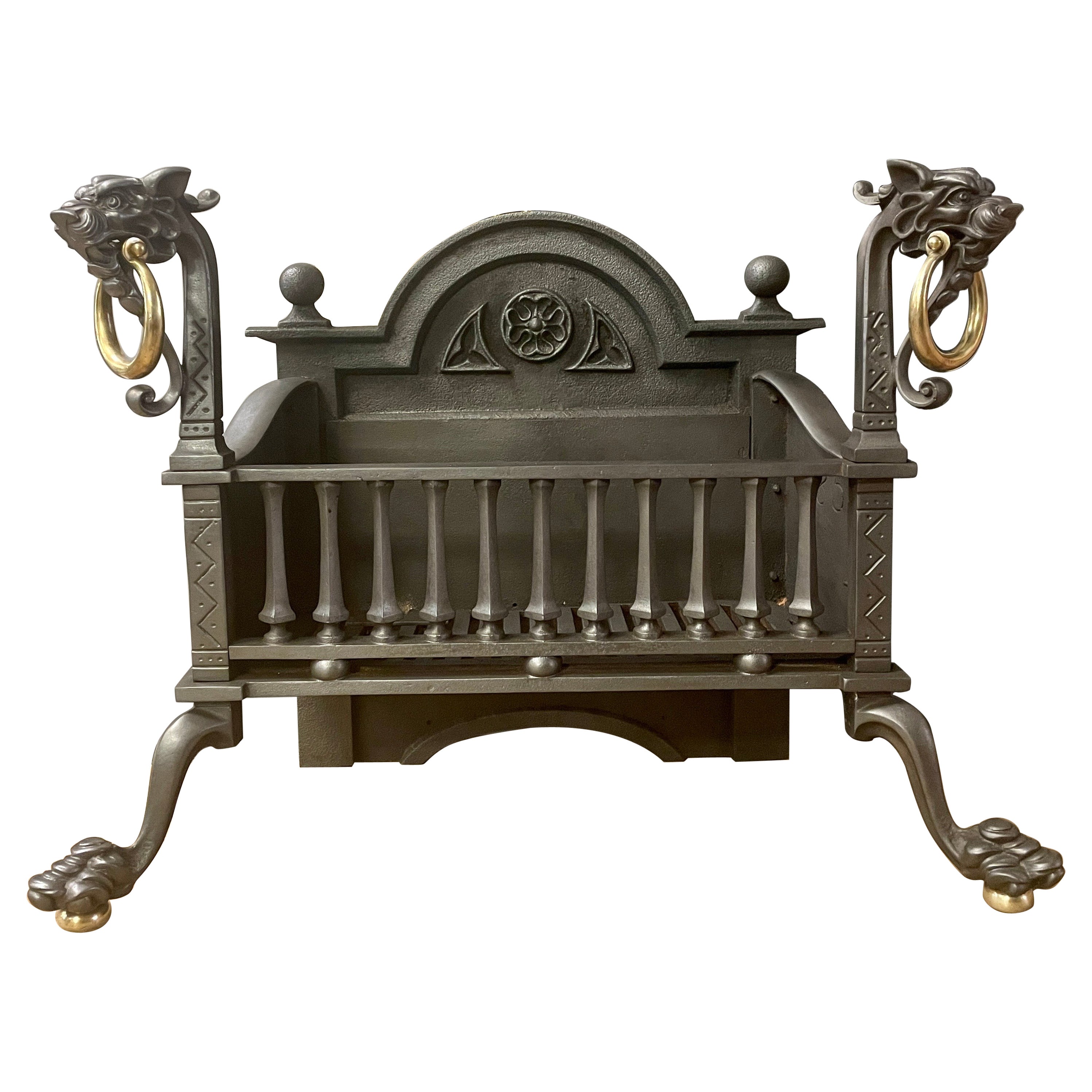 Antique English Cast Iron Dragon Fire Grate For Sale
