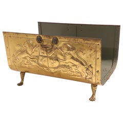 Oversize Brass Log Holder in the Medieval Style with Rampant Lions and Crest
