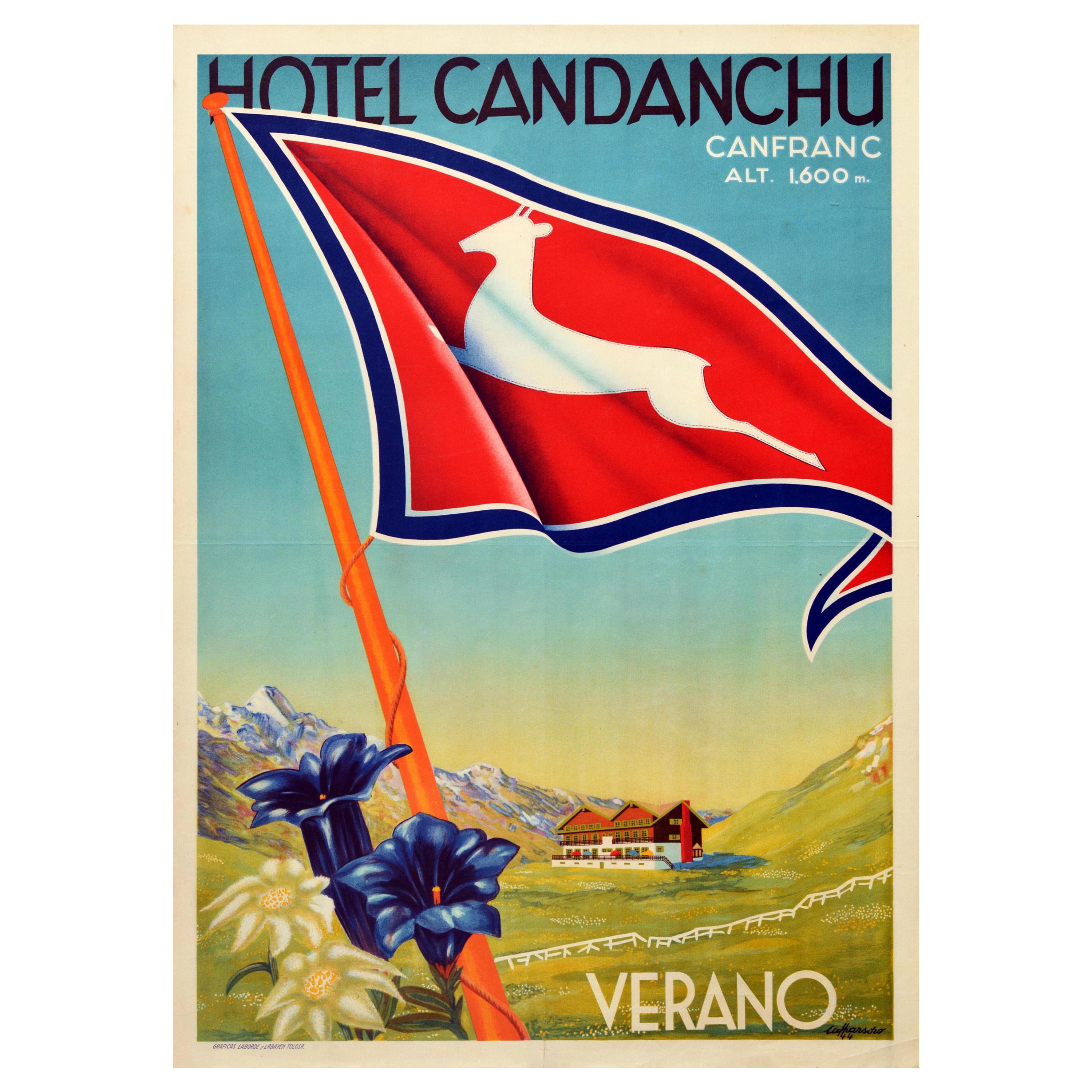 Affiche rétro originale de voyage, Hotel Candanchu, Canfranc, Verano, Montagnes d'été