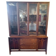 Broyhill Brasilia Mid-Century Modern Sculpted Walnut Breakfront China Cabinet