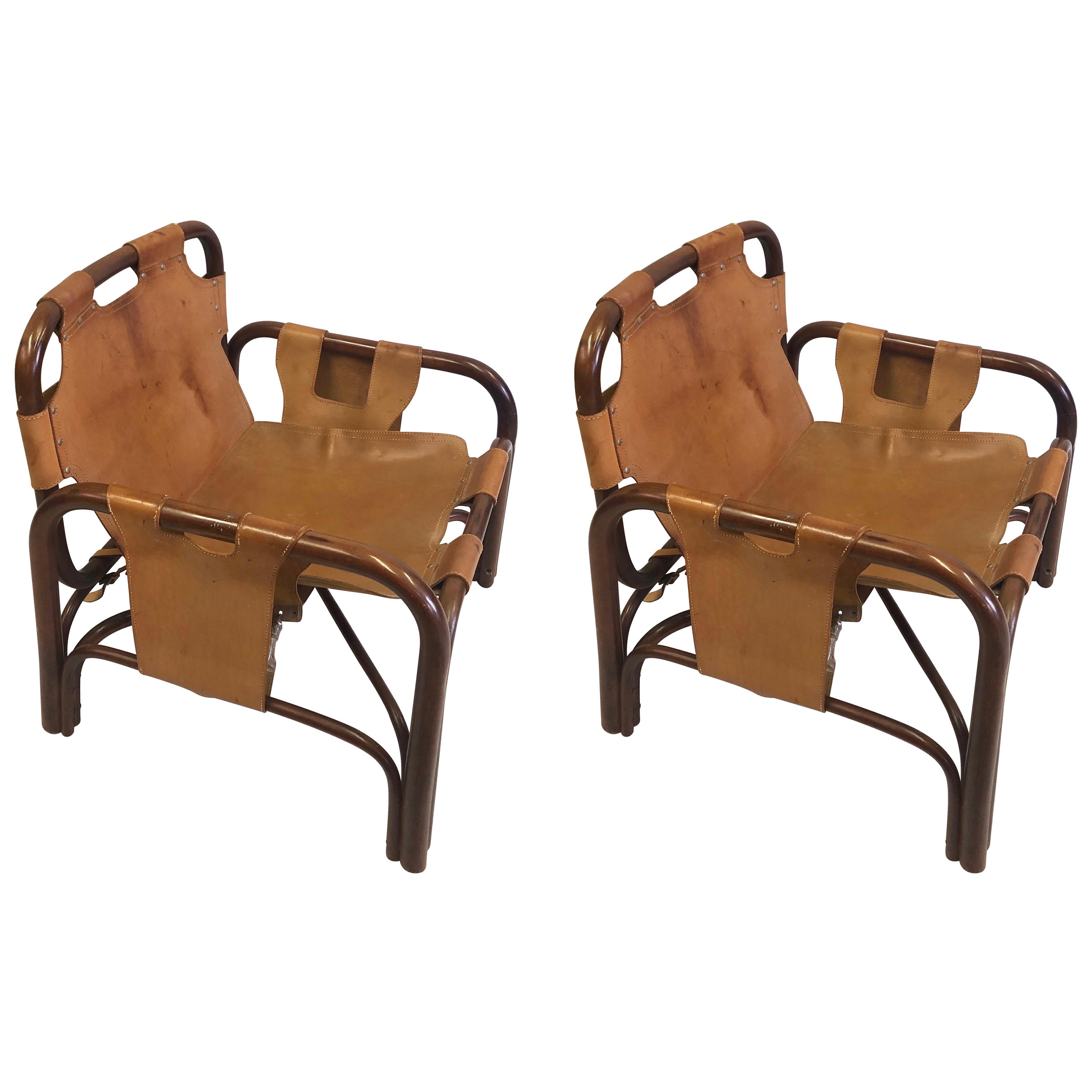 PAIR Italian Midcentury Bamboo & Stitched Leather Lounge Chairs, Jacques Adnet For Sale