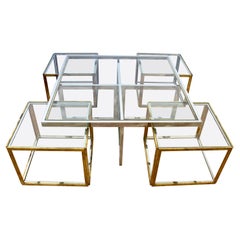 Maison Charles Brass and Chrome Bicolor Coffee Table with Nesting Tables, 1970s