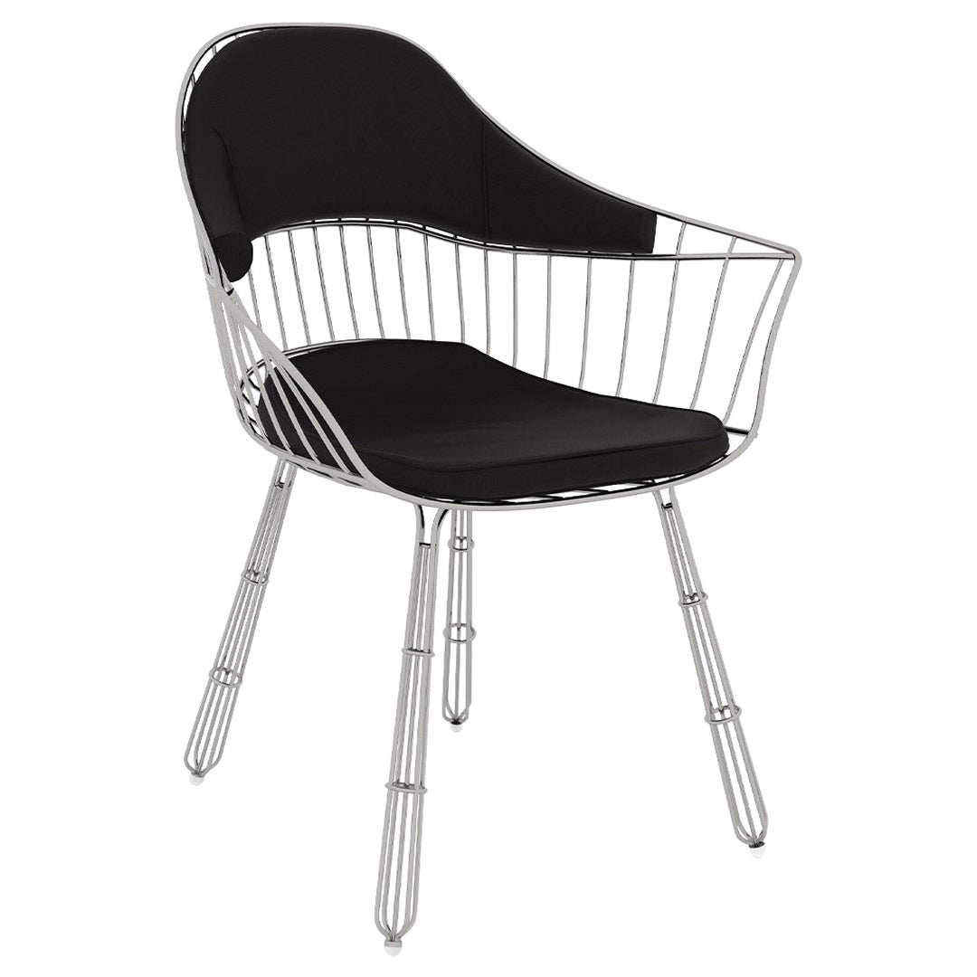 Silla de comedor de acero inoxidable para exteriores con asiento de tela negra impermeable