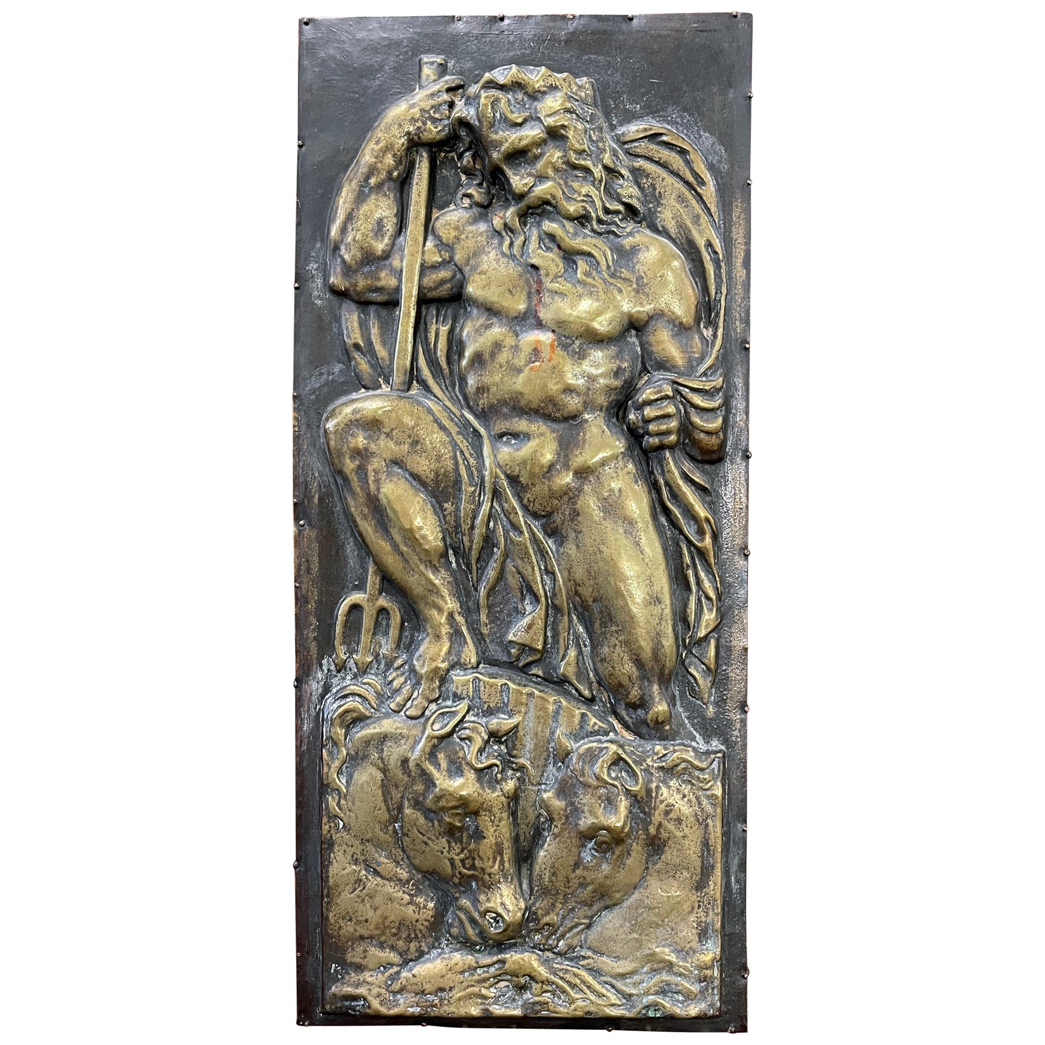 "Poseidon and Vulcan, " Marvelous Brass Repoussé Relief Sculptures, Nude Males For Sale