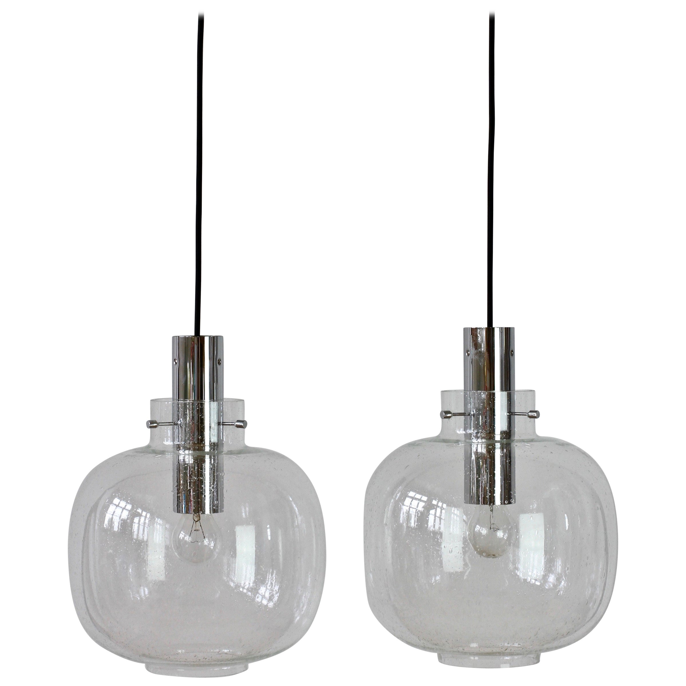 Limburg Large Pair of Vintage 1970s Clear Bubble Glass and Chrome Pendant Lights For Sale