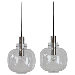 Limburg Large Pair of Vintage 1970s Clear Bubble Glass and Chrome Pendant Lights