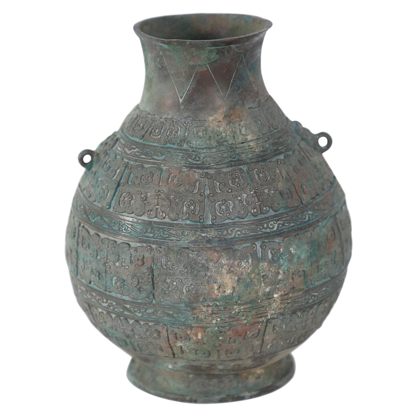 Chinese Han Dynasty Style Patinated Bronze Carved Urn