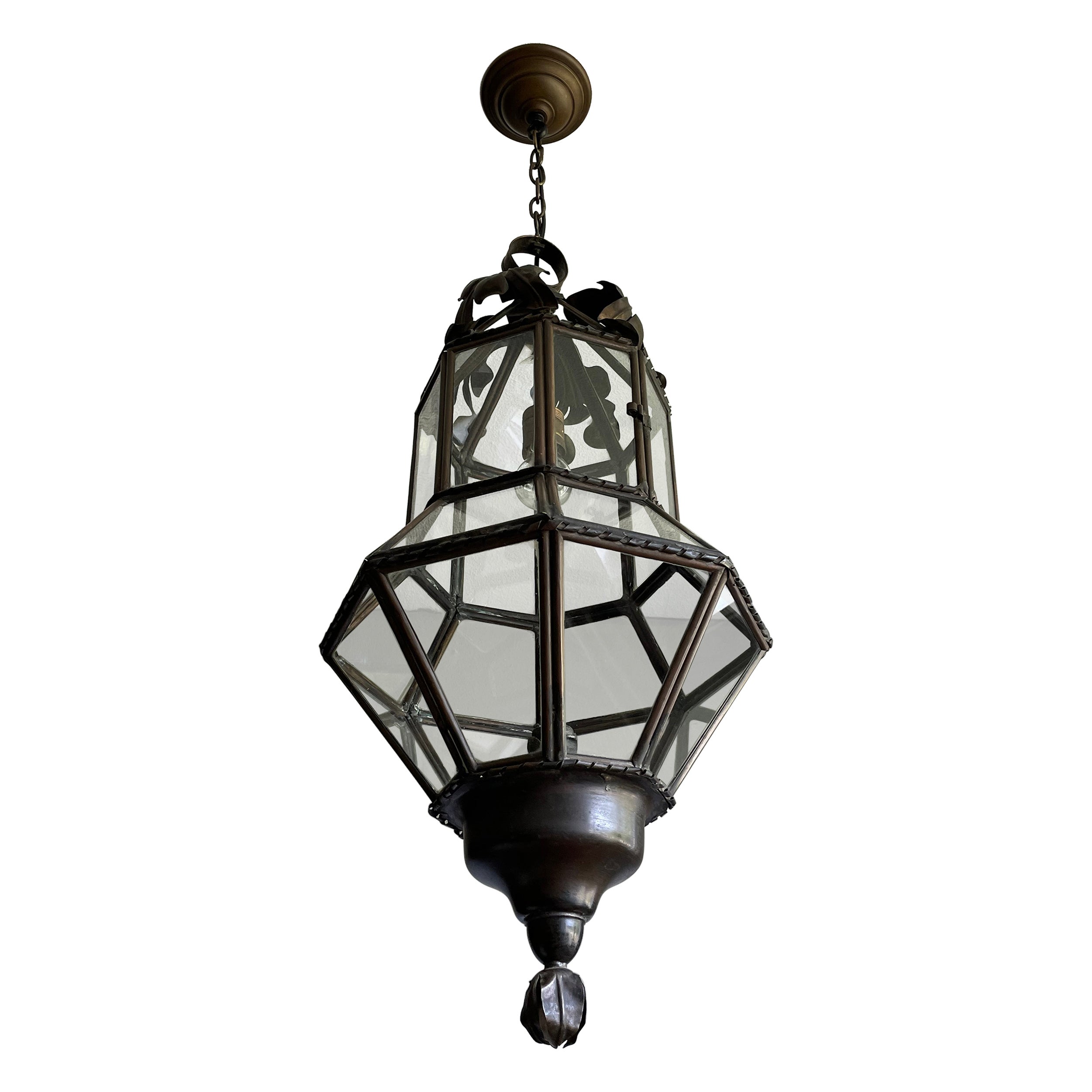 Antique Large Hand Crafted Brass & Glass Victorian Hall Lantern / Pendant Light