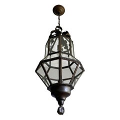 Antique Large Hand Crafted Brass & Glass Victorian Hall Lantern / Pendant Light