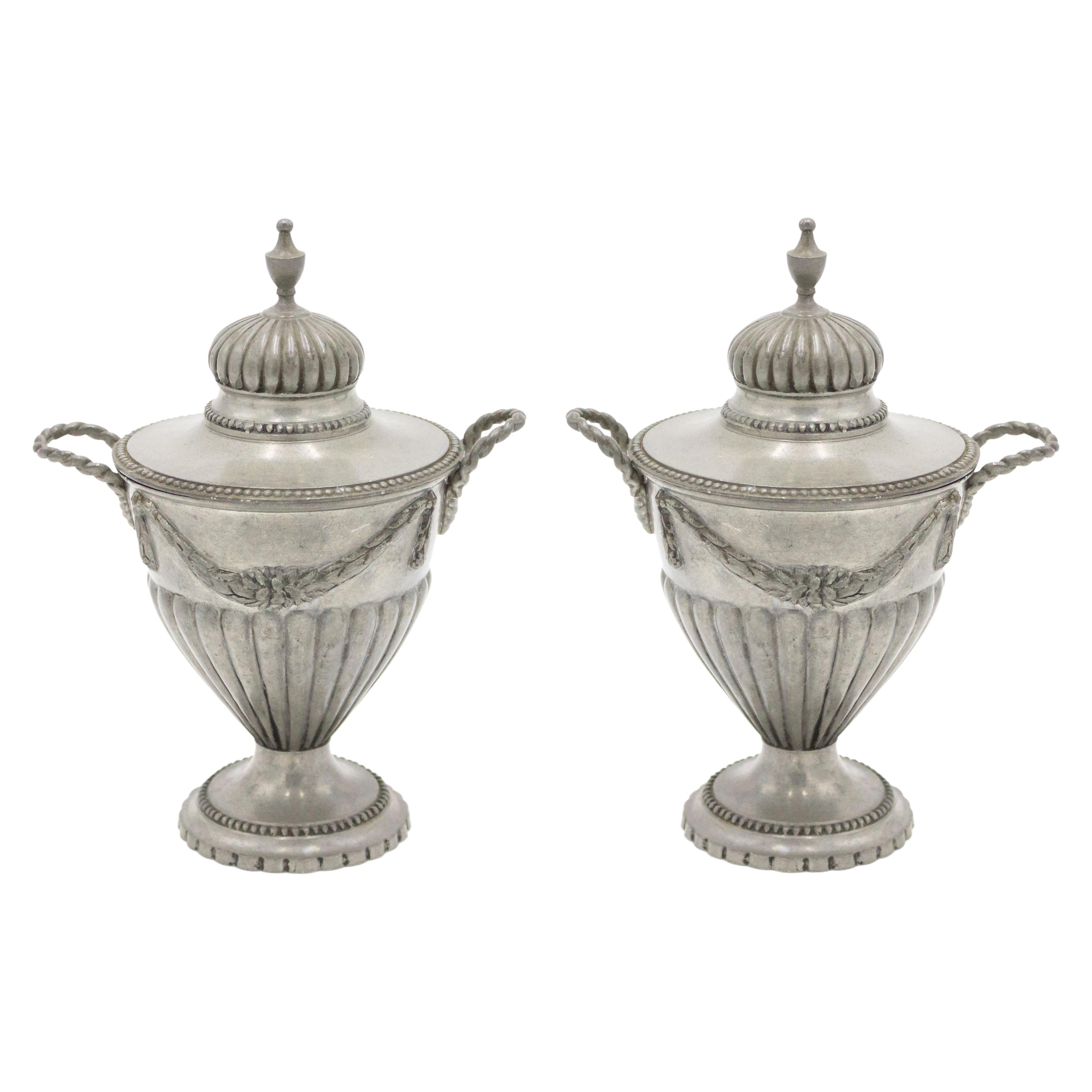 Pair of English Victorian Adam Pewter Urns