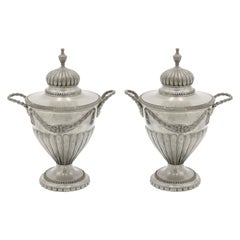 Antique Pair of English Victorian Adam Pewter Urns