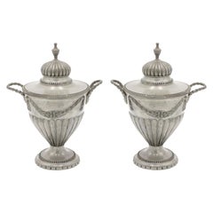 Antique Pair of English Victorian Adam Pewter Urns