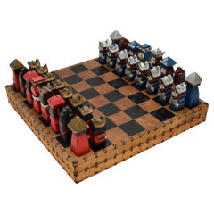 Large and Unusual Vintage Leather Bound Chess Set