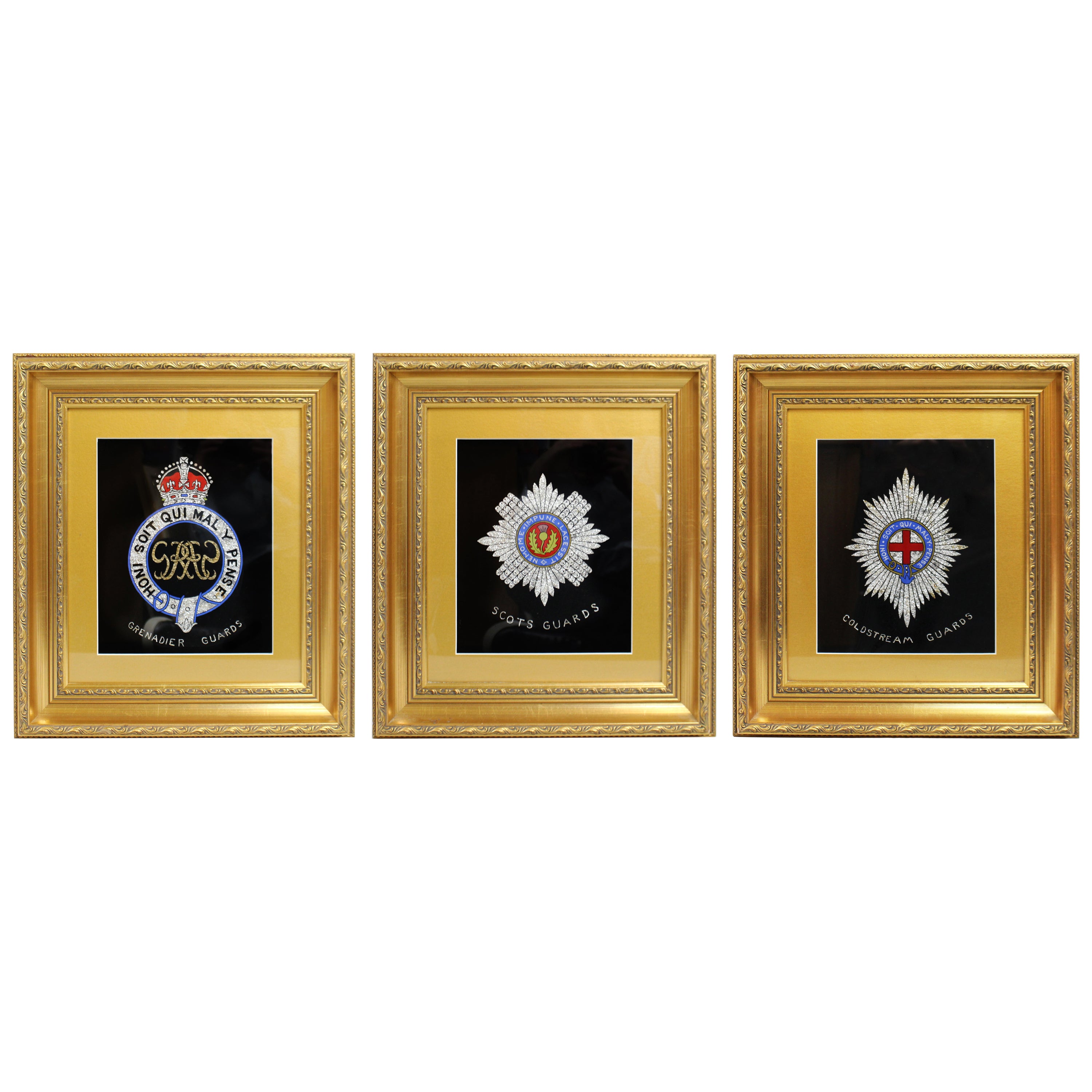Set of 3 Military Regiment Foil Artworks Set in Gilt Frames For Sale
