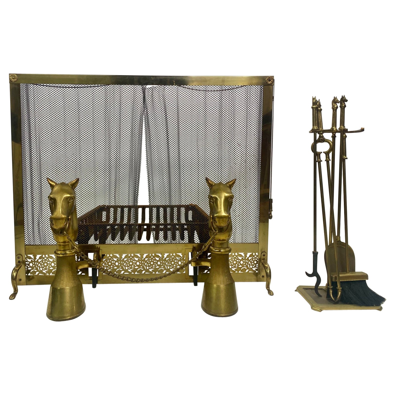 Vintage Brass Horse Andirons, Screen, Log Holder and Tools, Complete Set  For Sale at 1stDibs | andiron log holder, andiron color, antique andirons