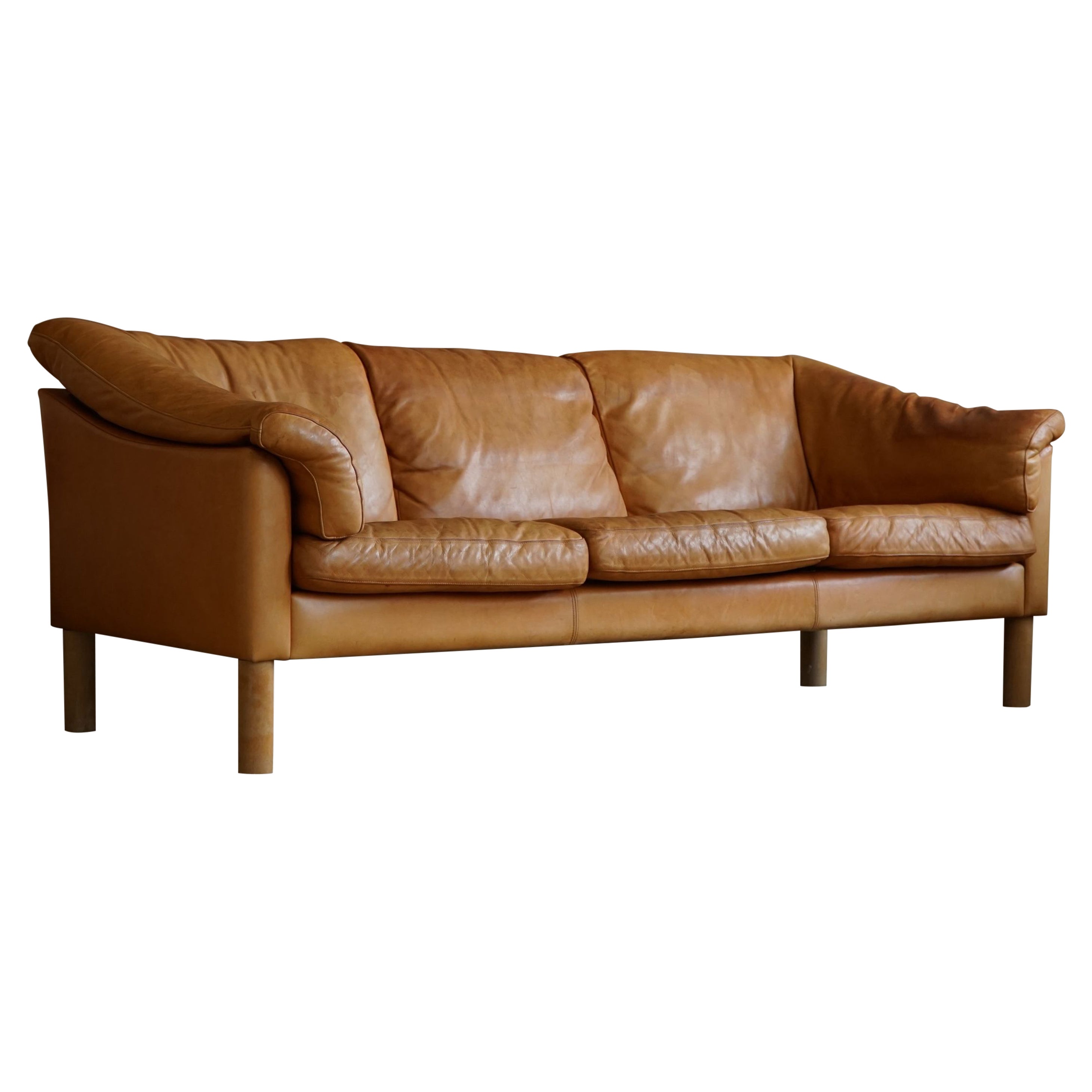 Mid Century Danish Three Seater Sofa in Cognac coloured Leather, 1970s