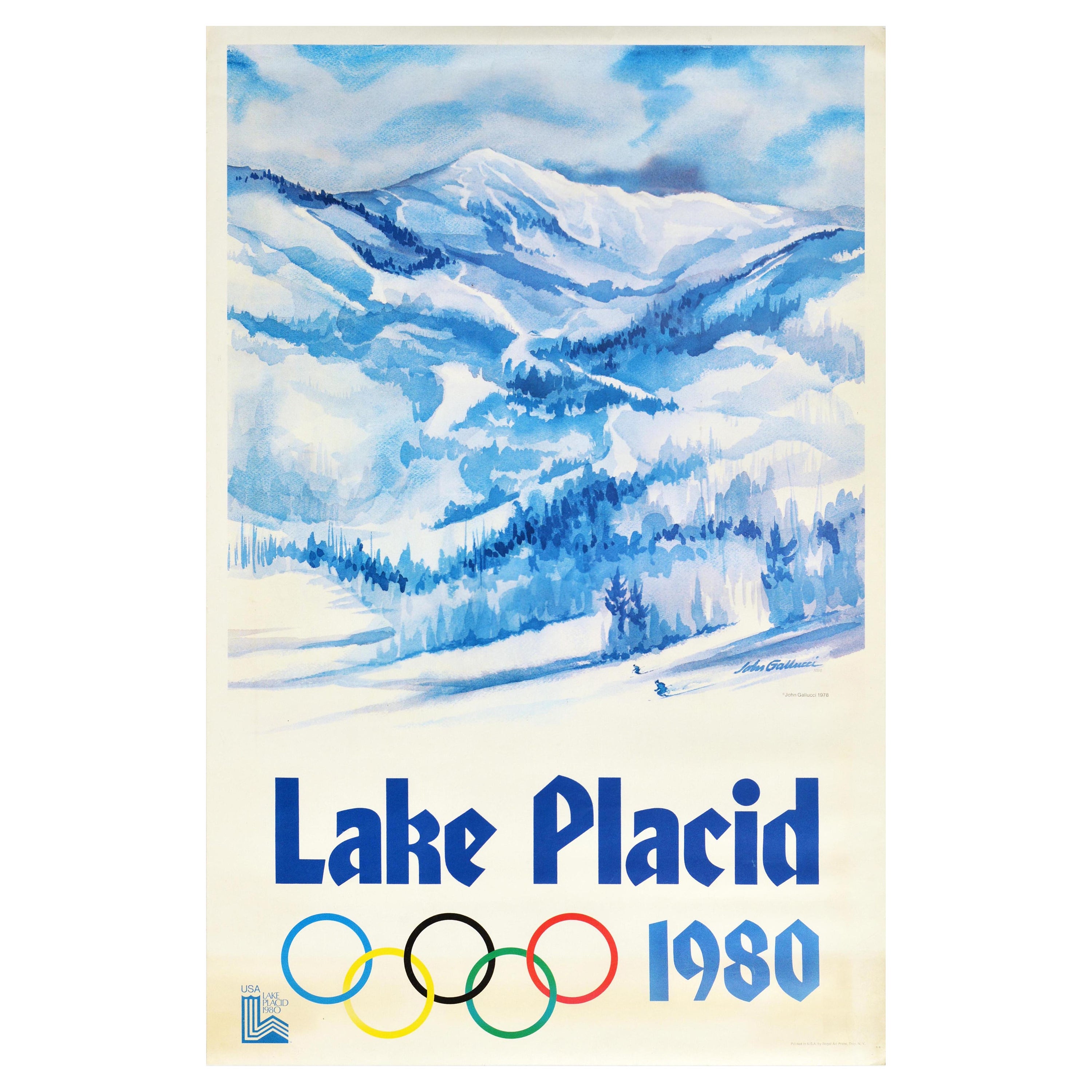Original Vintage Sport Poster Lake Placid 1980 Winter Olympics Skiers Mountains