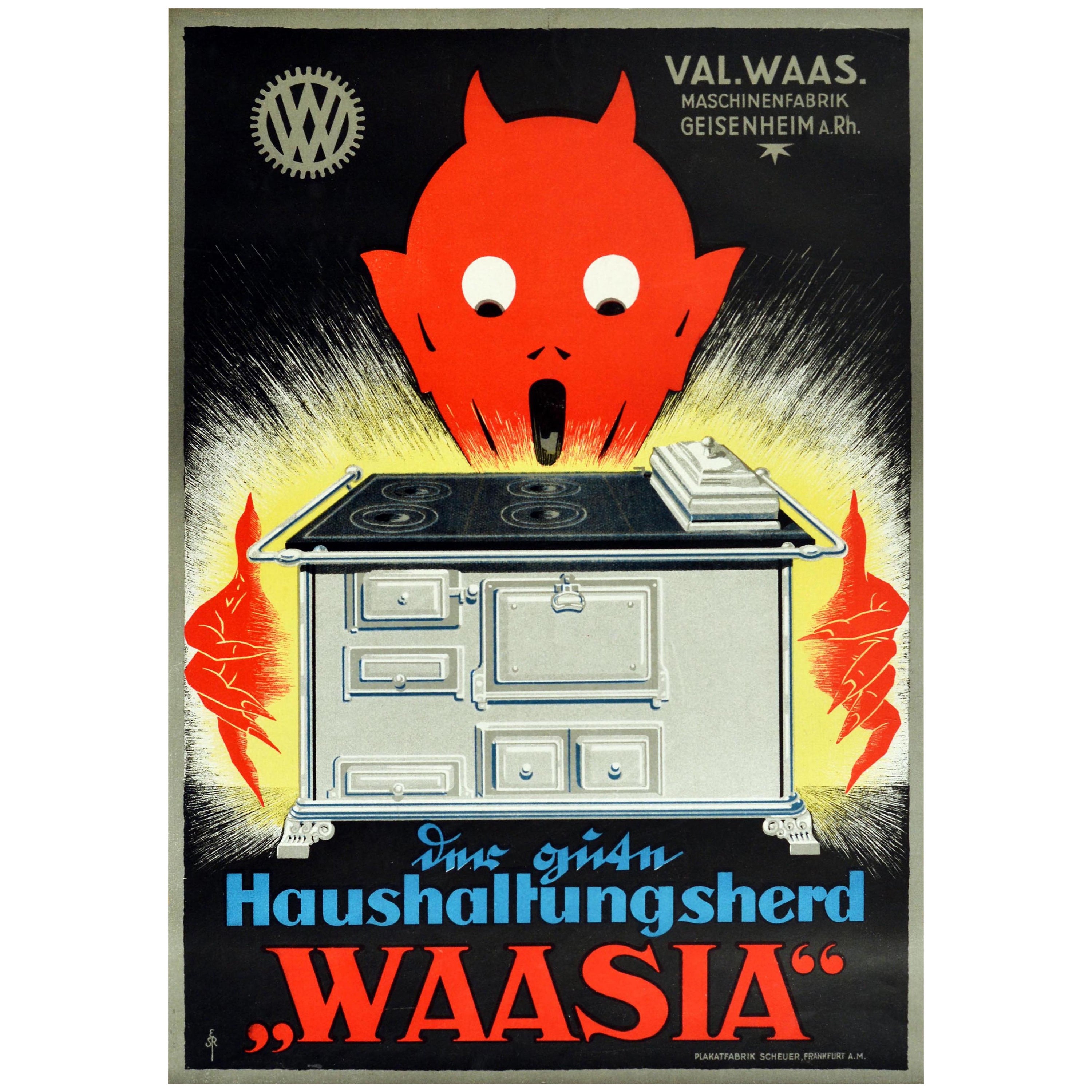 Original Vintage Poster For Waasia Household Stoves Kitchen Cooker Devil Design