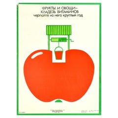 Original Vintage Poster USSR Health Food Fruit Vegetable Vitamin Well Apple Art